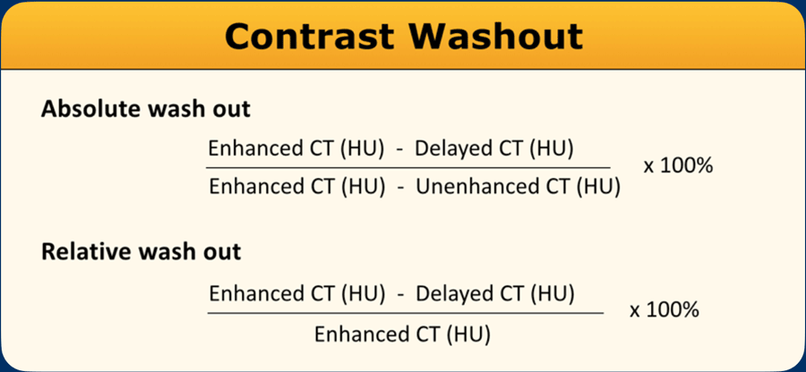 A region of interest (ROI) is placed encompassing at least 2/3 of the lesion (taking care to bypass areas with obvious haemorrhage, necrosis or calcifications). The density is measured during noncontrast, venous (60-90 sec) and delayed (15 min) phase, and washout calculated using the equation shown.