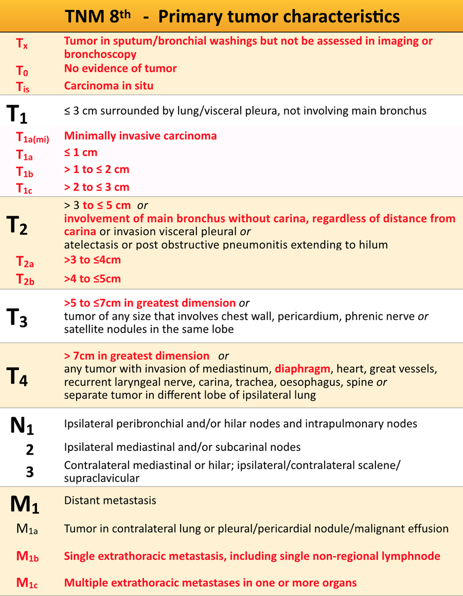 TNM-staging 8th edition. Changes to 7th edition in red.