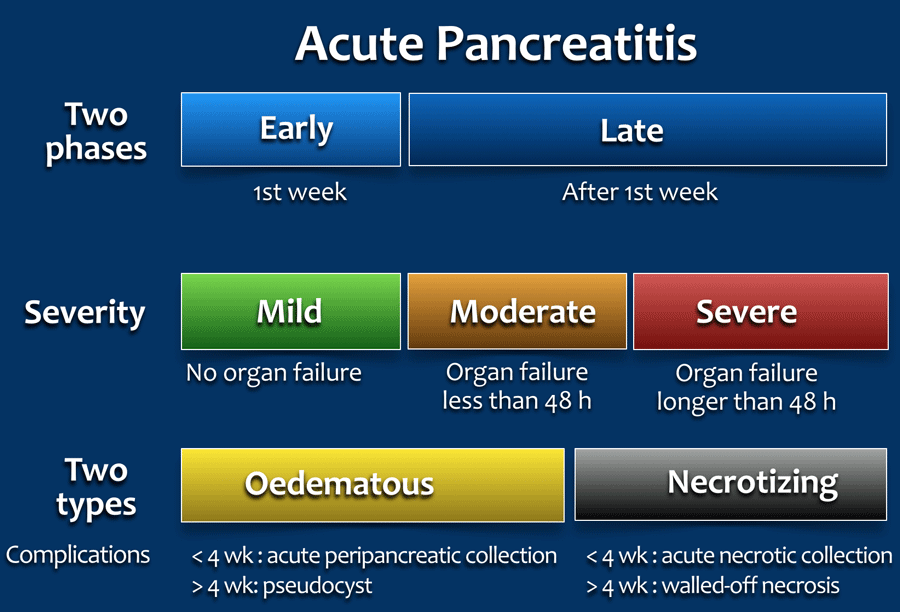 What are the 4 stages of acute pancreatitis?